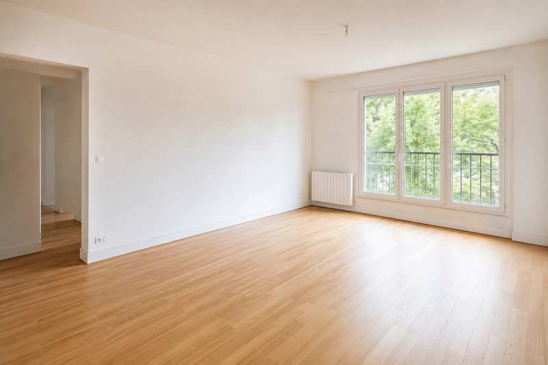 Appartement entièrement vidé, parquet et grande fenêtre