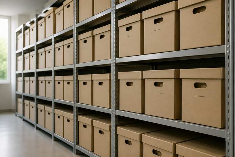 Cartons d'archives d'entreprise empilés sur des rayonnages