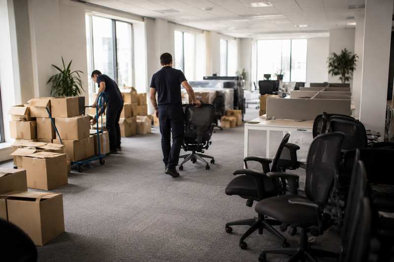 Open space de bureaux en cours de débarras, cartons et chaises