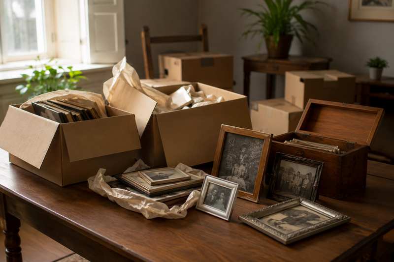 Cartons de souvenirs et cadres photo posés avec soin sur une table