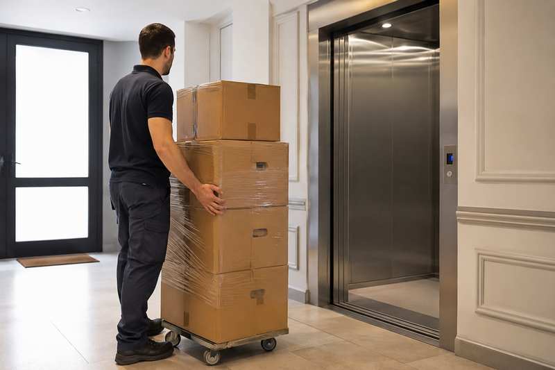 Débarrasseur avec une pile de cartons devant l'ascenseur d'un immeuble