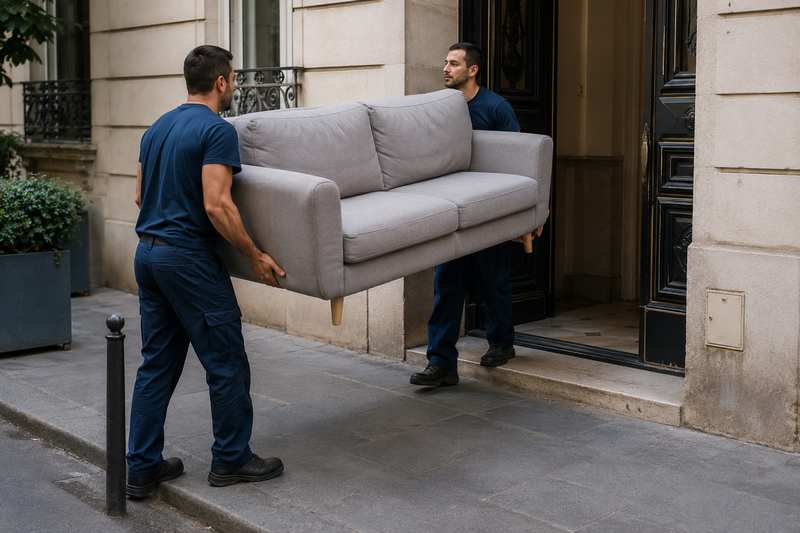 Deux débarrasseurs portent un canapé hors d'un immeuble sur le trottoir