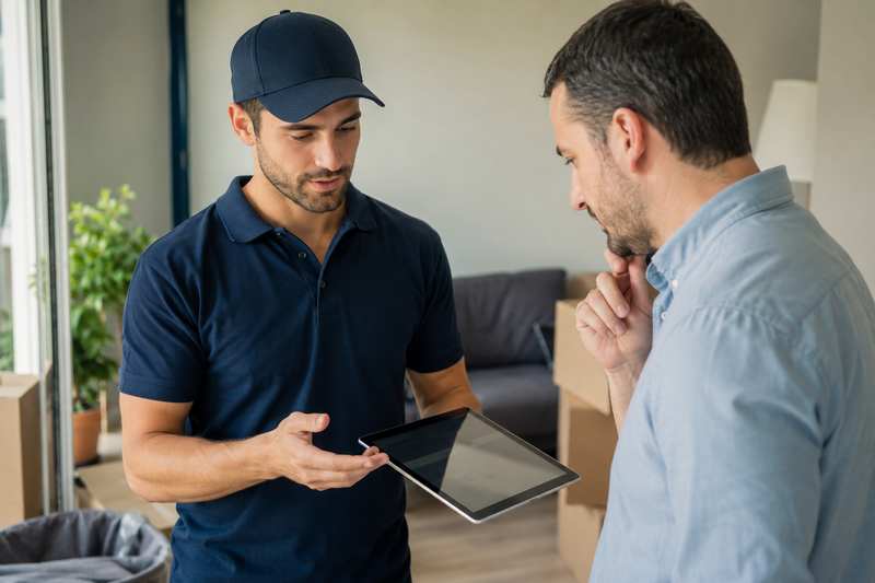 Débarrasseur présentant un devis sur tablette à un client