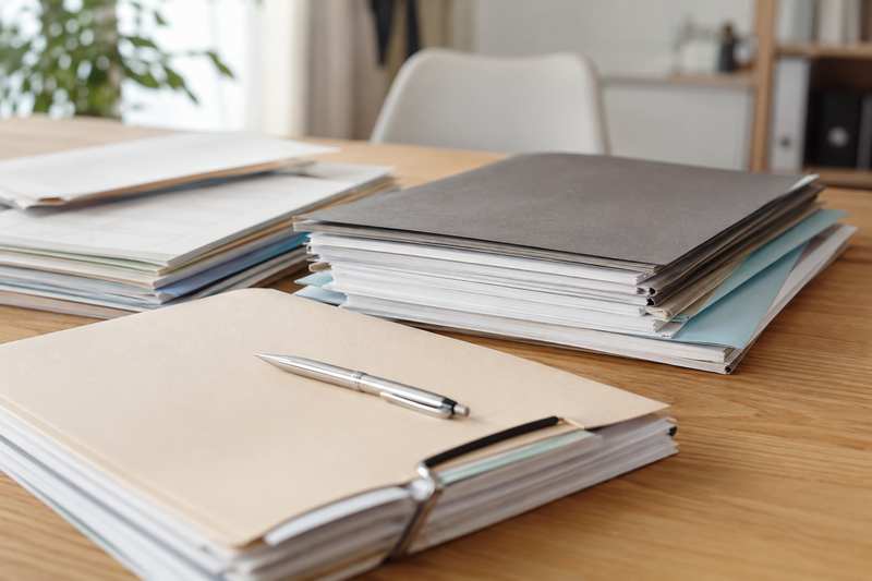 Dossier et documents de succession posés sur une table avec un stylo