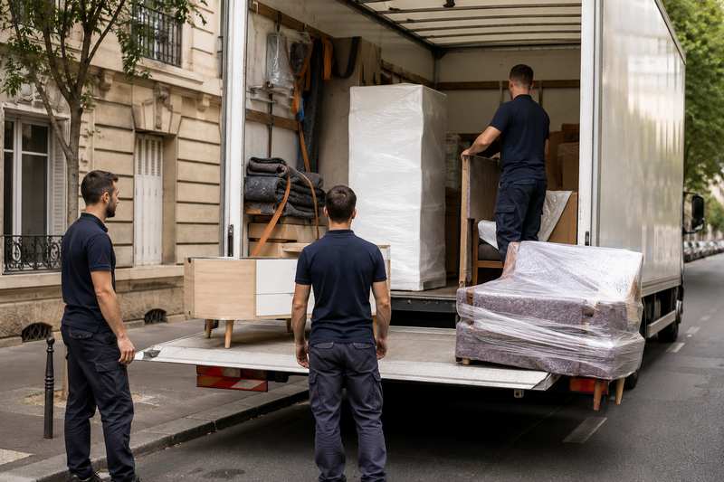 Équipe près d'un camion à hayon ouvert chargé de mobilier