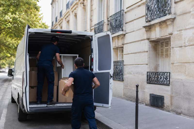 Deux débarrasseurs chargent cartons et meuble dans un utilitaire devant un immeuble