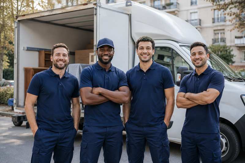 Équipe de débarrasseurs souriante devant un camion blanc propre