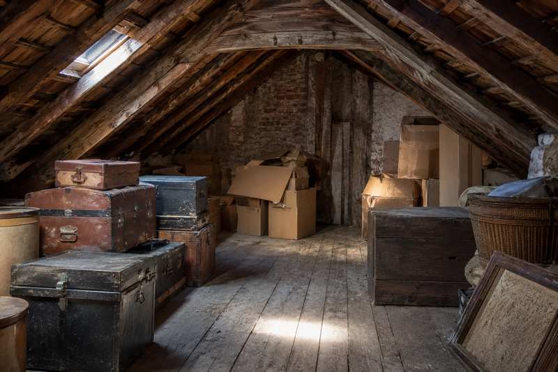 Grenier sous combles avec vieilles malles et cartons