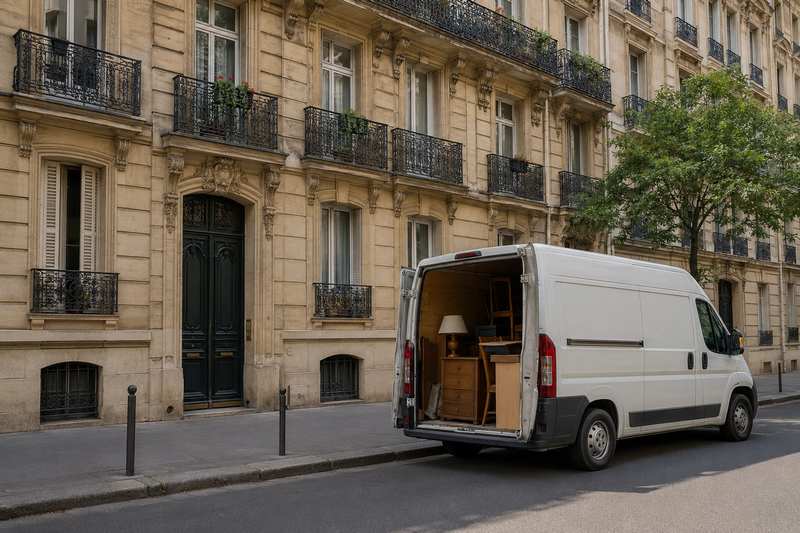 Façade haussmannienne parisienne avec un utilitaire de débarras devant