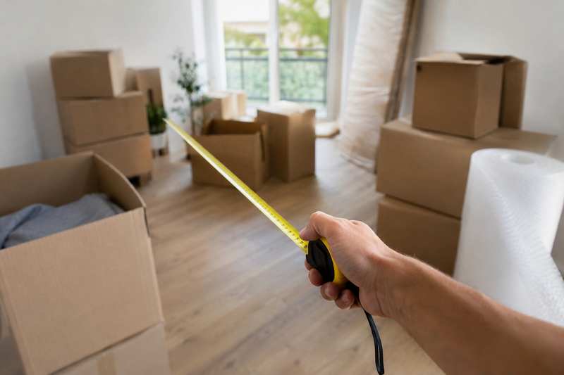 Mètre ruban et cartons pour estimer le volume d'un débarras