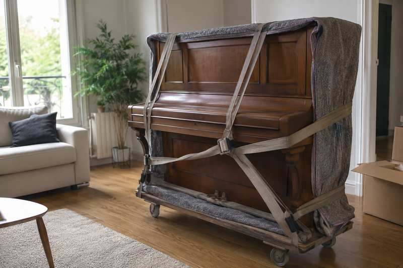 Piano droit sanglé sur un chariot de manutention dans un salon