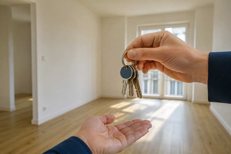 Remise d'un trousseau de clés devant un appartement vidé et lumineux