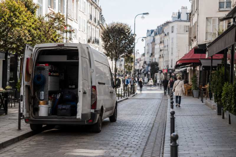 Rue commerçante d'une ville d'Île-de-France, utilitaire de service