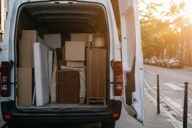 Utilitaire chargé de meubles et cartons en fin de journée