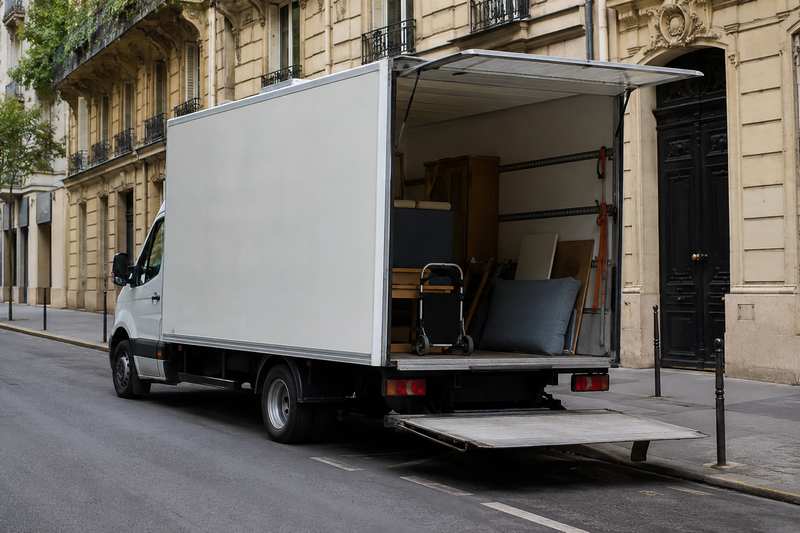 Utilitaire de débarras stationné dans une rue, hayon ouvert